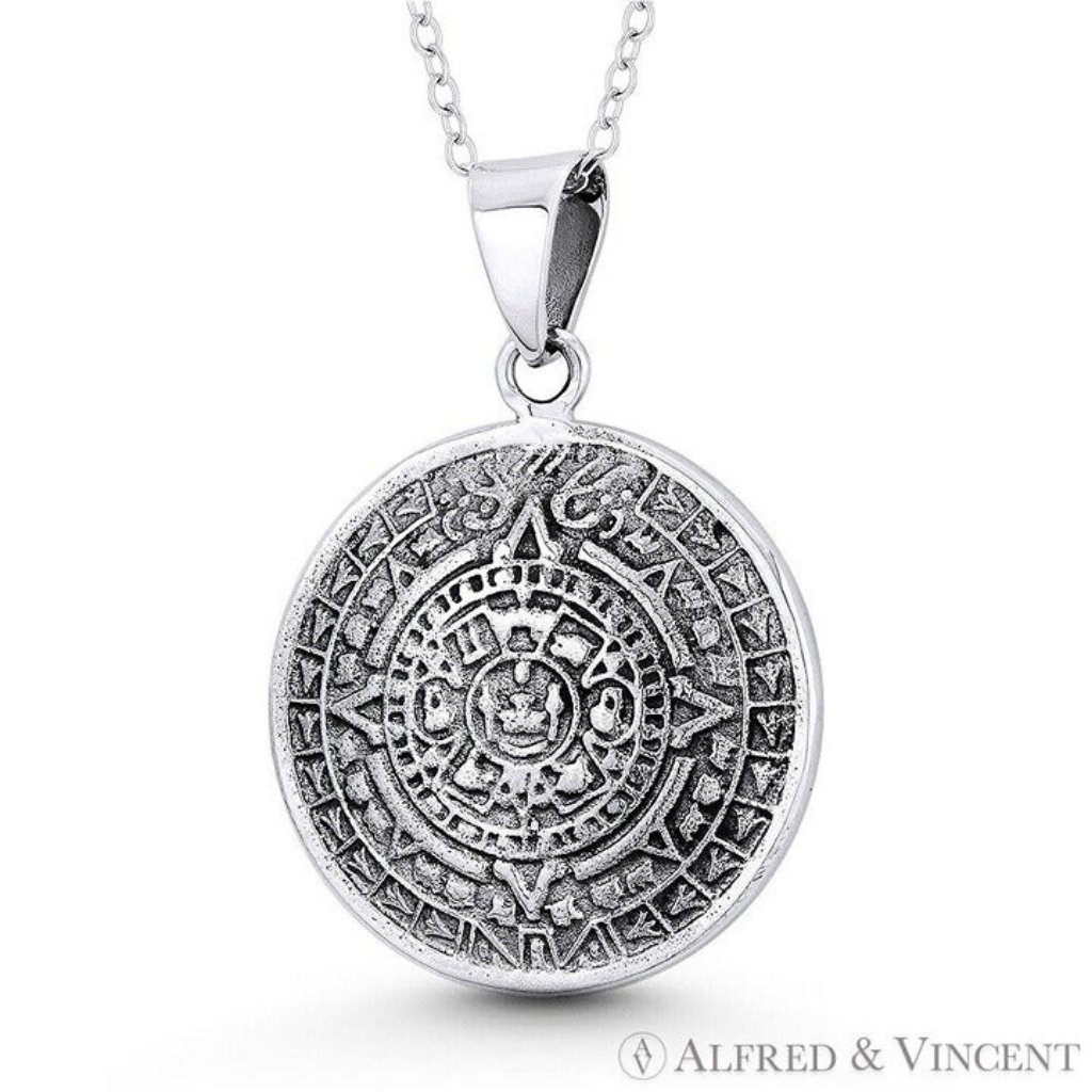 Mayan Calendar & Aztec God Tlaltecuhtli Pendant In Oxidized .925 Sterling Silver
